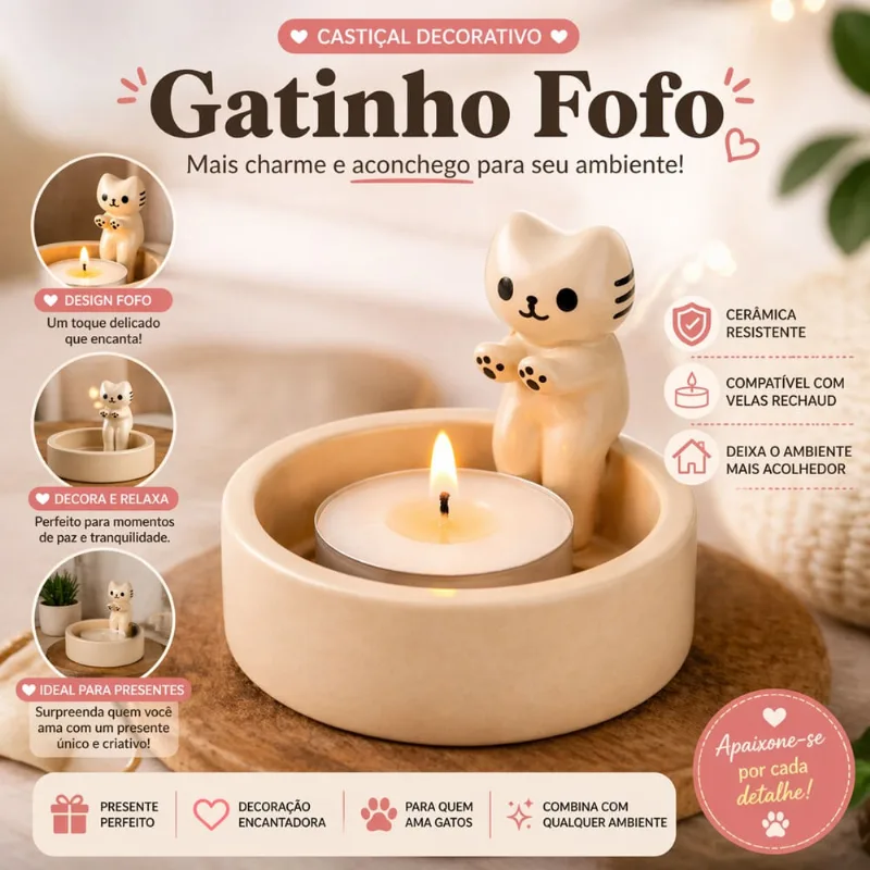Castiçal Vela Decorativo Gatinho Fofo Porta Vela Decoração Quarto Presente Criativo
