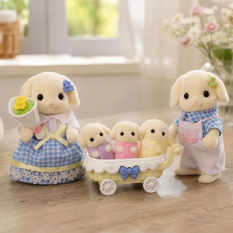 Família dos Coelhos Floral Sylvanian Families com Trigêmeos e Carrinho