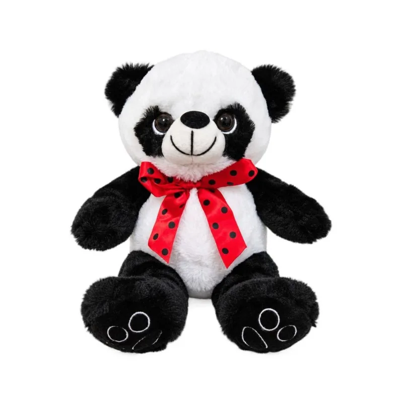 Urso Panda de Pelúcia Fofo com Laço Vermelho de Bolinhas 20cm