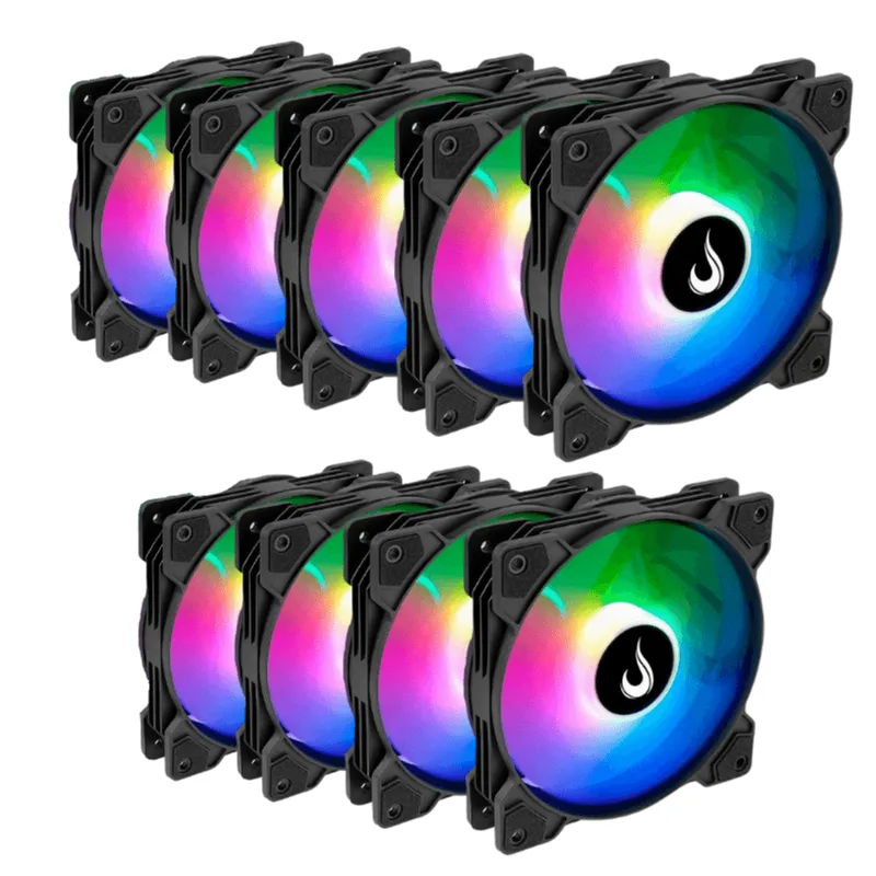 Kit 9 Fans Rise Mode X Led Rainbow 120mm Preto - Rm-xld-rbw-9