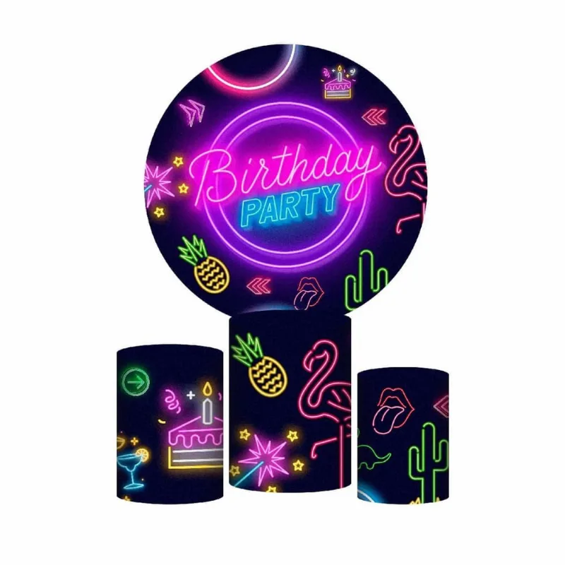 Trio Capas Cilindros + Painel Redondo Neon Em Tecido 3D