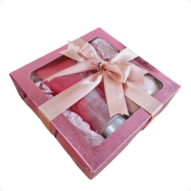 Presente Na Caixinha Laço Rosa + Sacolinha Pronto Presentear