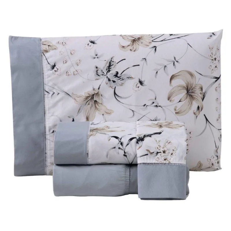 Jogo Cama Lençol Encanto Queen Estampado Percal 180 Fios C/ Ponto Palito 4 Peças - Floral - Cinza