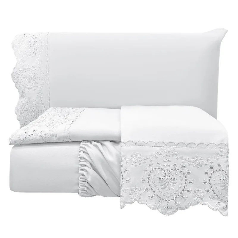 Jogo Cama Lençol Casa Scarpa Detail Queen Bordado Guipir Bordado Inglês Percal 300 Fios 4 Peças - Branco
