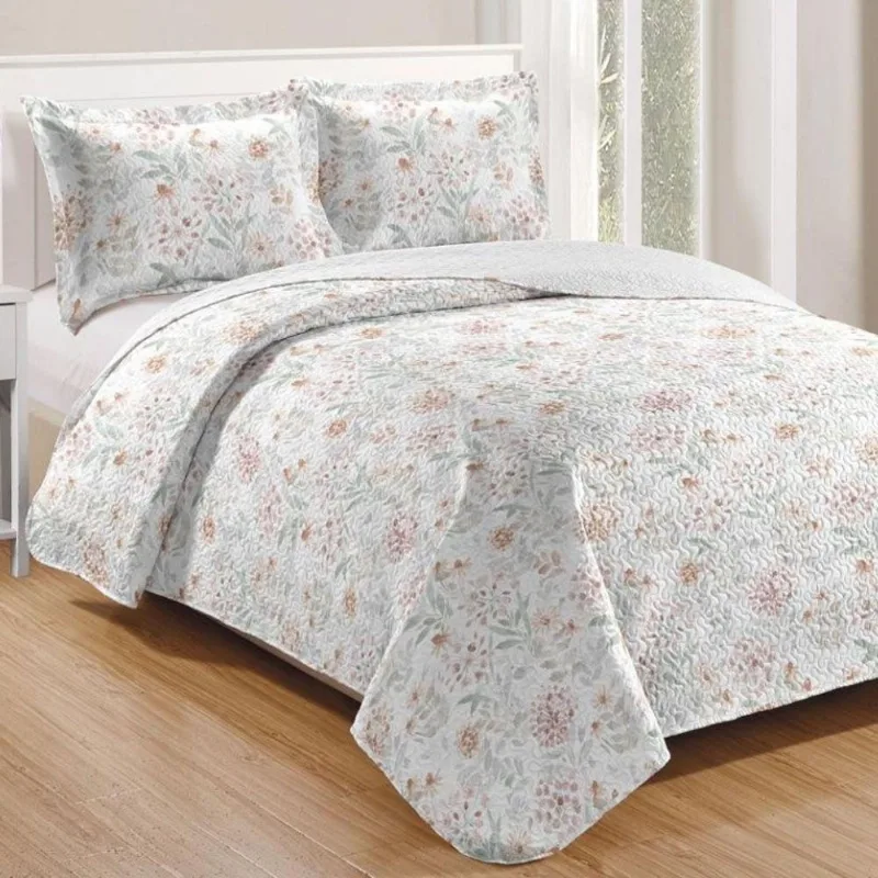 Kit Cobre Leito Colcha Mix King Estampado Dupla Face Floral 3 Peças - Joice