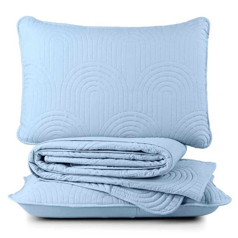 Kit Cobre Leito Colcha Arcos Casal Padrão Dupla Face Matelado 200 Fios 3 Peças Azul Claro