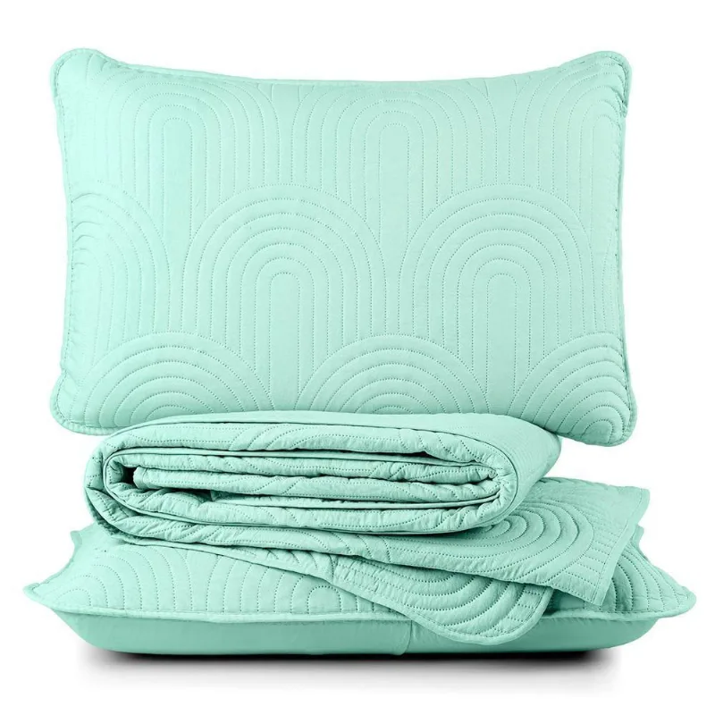 Kit Cobre Leito Colcha Arcos Casal Padrão Dupla Face Matelado 200 Fios 3 Peças Verde