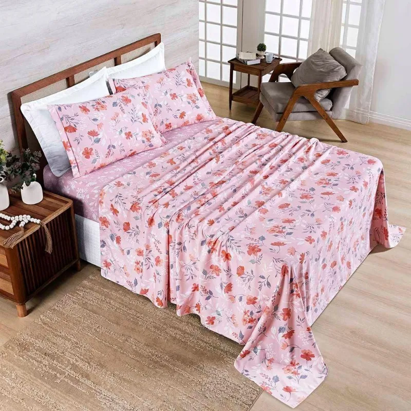 Jogo Cama Lençol Belle Queen 400 Fios Estampado 4 Peças Floral Rosê