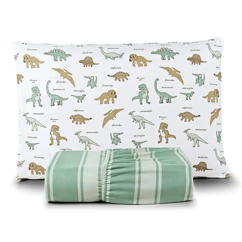 Jogo de Cama Lençol Lutti Solteiro Infantil 200 Fios Estampado 2 Peças Dinossauro Verde