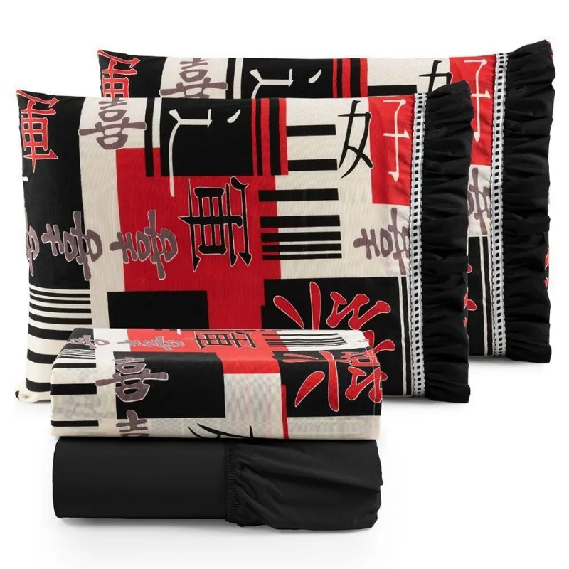 Jogo Cama Lençol Fiore Casal Padrão Estampado 180 Fios 100% Algodão Com Babadinho 4 Peças Preto Oriental Japonês
