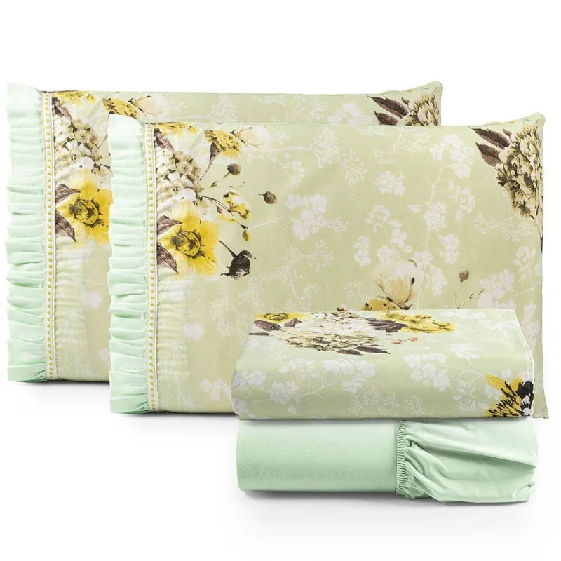 Jogo Cama Lençol Fiore King Estampado 180 Fios 100% Algodão Com Babadinho 4 Peças Verde Floral