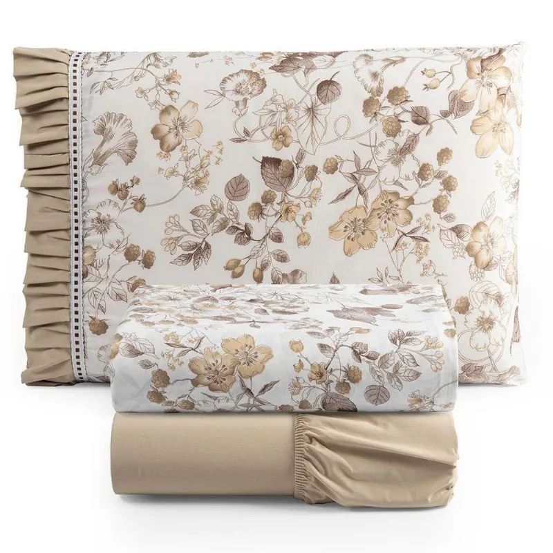 Jogo Cama Lençol Fiore Solteiro Estampado 180 Fios 100% Algodão Com Babadinho 3 Peças Bege Floral
