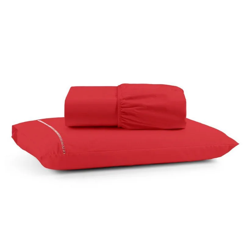 Jogo De Lençol Solteiro Premium Soft 600 Fios Micropercal Vermelho Ponto Palito Toque Macio 2 Peças