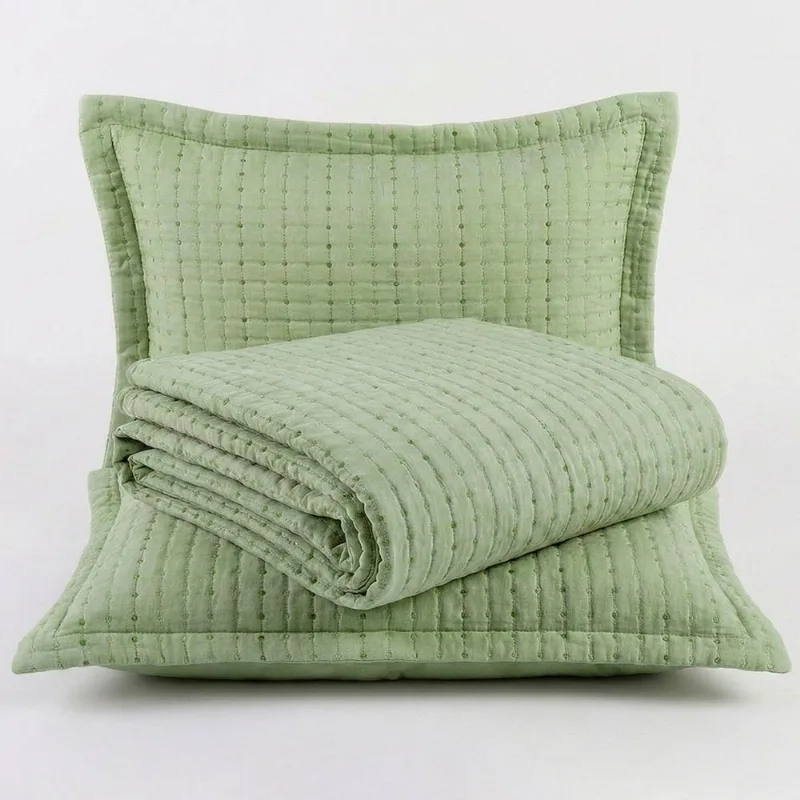 Kit Cobre Leito Bordare Queen 300 Fios Colcha Luxo Toque de Algodão 3 Peças Verde Pistache