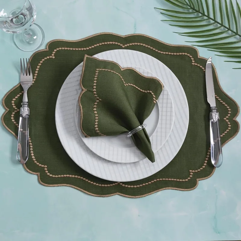Kit 6 Jogos Americanos Retangular com Guardanapos Bordado Dourado - Realeza Verde Musgo - Casa Scarpa - Utilidades Domesticas