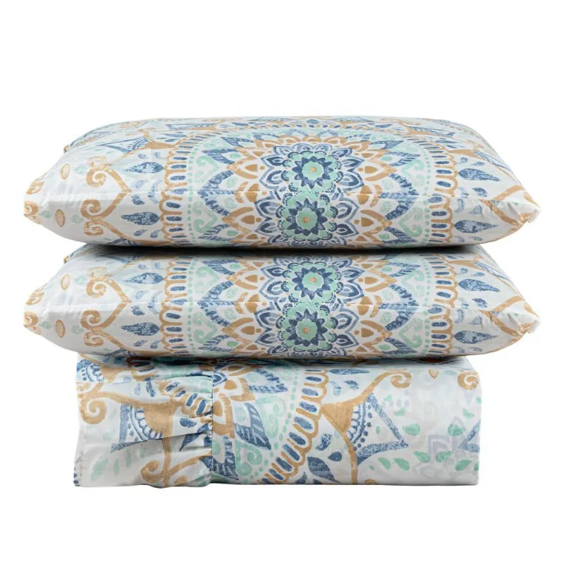Kit Cobre Leito Laila Mandala 5 Queen Micropercal 400 Fios 100% Poliéster Babado Estampado Casa