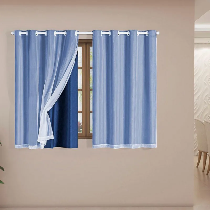 Cortina Daily Blackout PVC com Voil Varão Sala Quarto Azul Marinho Casa Scarpa