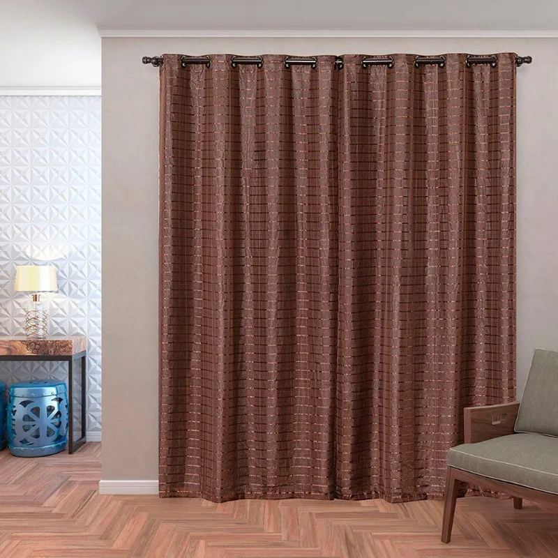 Cortina Daily Blackout Pvc Com Voil Xadrez Poliéster Para Sala Marrom Casa Scarpa