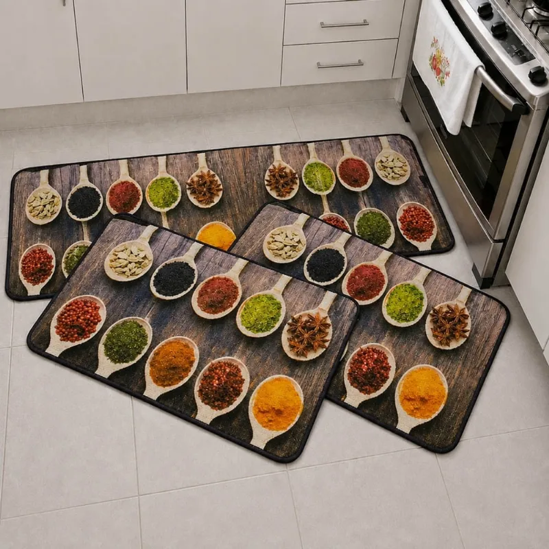 Kit Tapete para Cozinha 3 Peças Passadeira Antiderrapante Emborrachada Carpete Temperos
