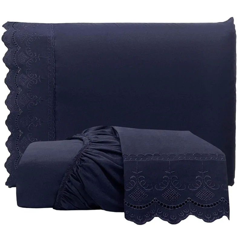 Jogo Cama Lençol Loren Casal Padrão Bordado Inglês Micro Percal 300 Fios 3 Peças Azul Marinho - Casa Scarpa