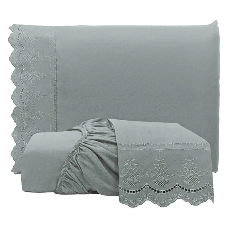 Jogo Cama Lençol Loren Casal Padrão Bordado Inglês Micro Percal 300 Fios 3 Peças Cinza - Casa Scarpa - Cama, Mesa E Banho