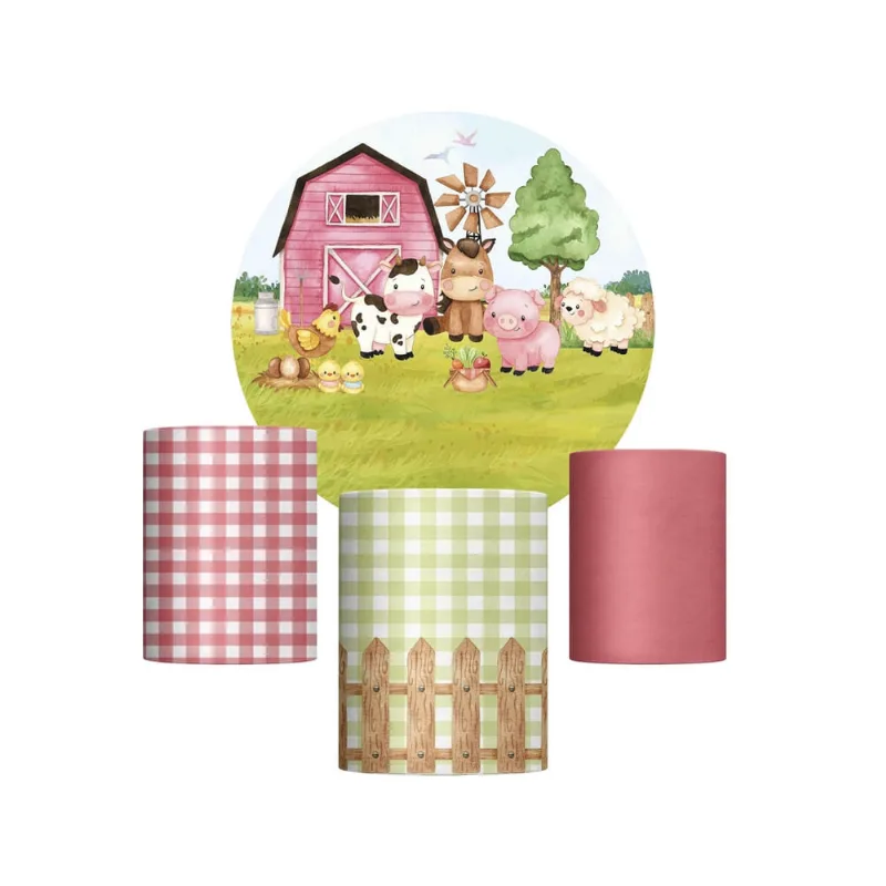 Trio Capa Cilindro + Painel Redondo Fazendinha Rosa 1,50M