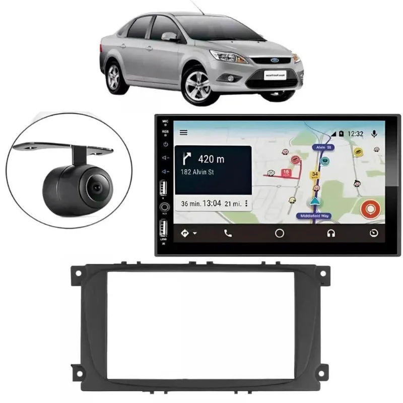 Central Multimídia 2 Din Carplay Android Auto Ford Focus Hatch Moldura + Câmera