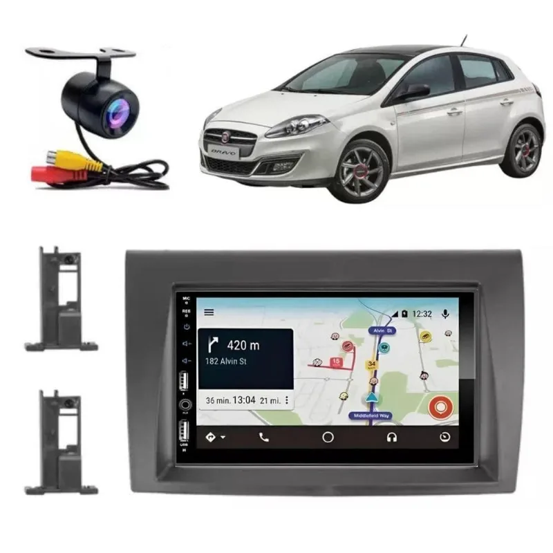 Central Multimídia 2 Din Carplay Android Auto Fiat Bravo Moldura + Câmera Pt Fosco