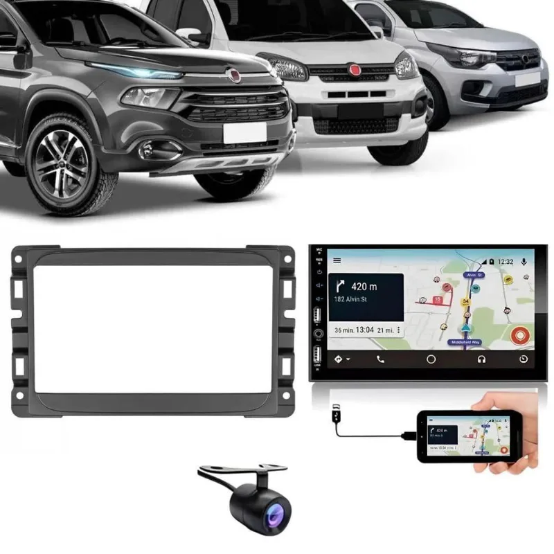 Central Multimídia 2 Din Carplay Android Auto Fiat Uno Moldura + Câmera Pt Fosco