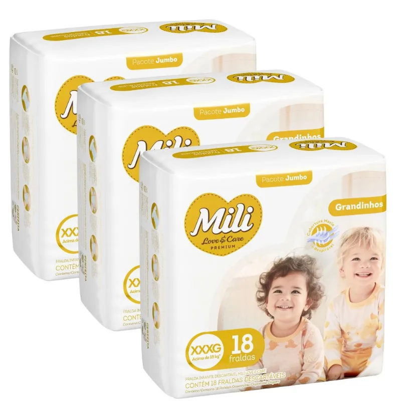 Fralda Descartável Mili Love & Care 3 Pacotes c/ 18 (total: 54 fraldas) Tam: XXXG - Grandinho