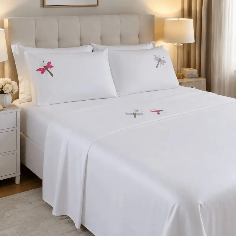 Jogo De Lençol Cama Casal Queen Libélula Bordado 4 Peças Poliéster Branco