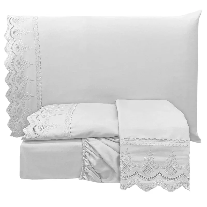 Jogo de Cama Lençol Realce Queen 4 Peças Percal 300 Fios Bordado Inglês Macio - Branco