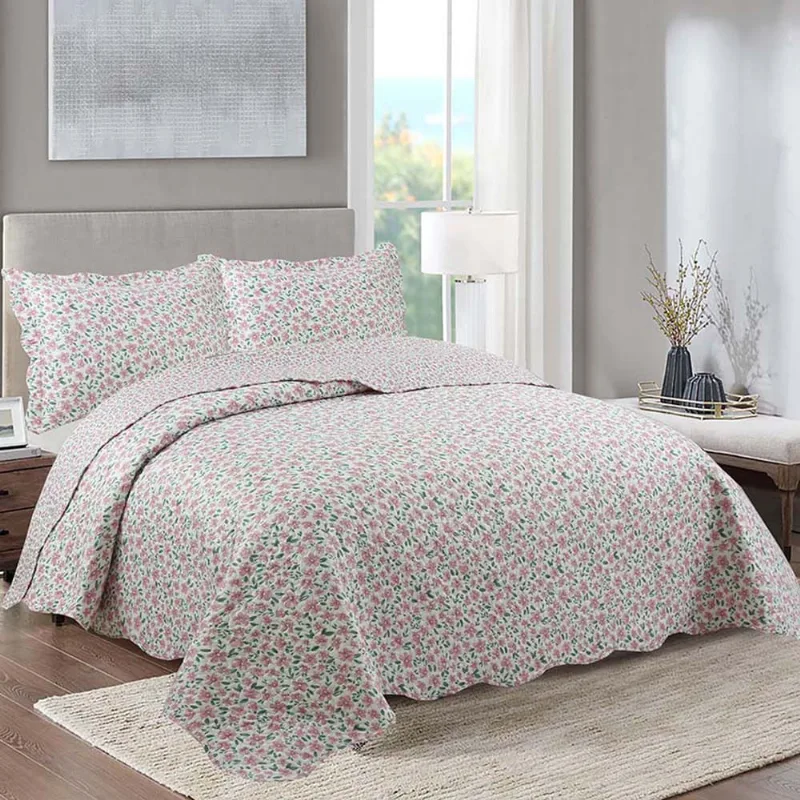 Kit Cobre Leito Colcha Daily Queen 3 Peças Dupla Face Estampado Floral - Sabrina Palha