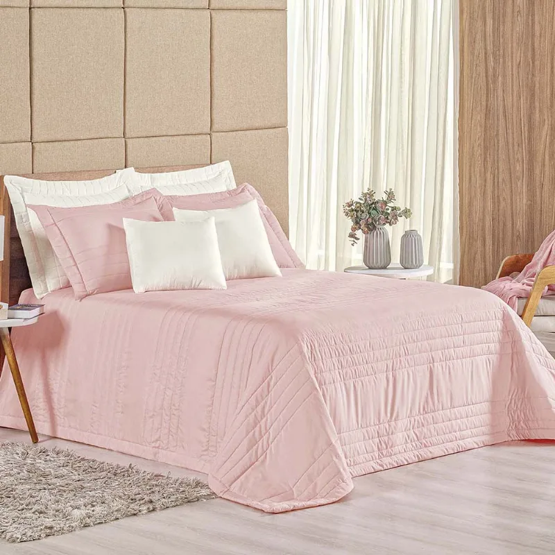 Kit Cobre Leito Colcha Dobby Queen 3 Peças Matelado 180 Fios - Rosê