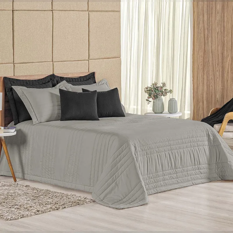 Kit Cobre Leito Colcha Dobby Queen 3 Peças Matelado 180 Fios - Cinza