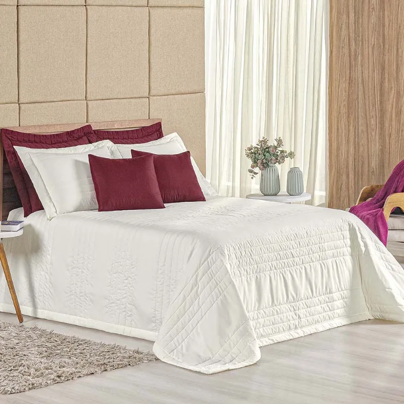 Kit Cobre Leito Colcha Dobby Queen 3 Peças Matelado 180 Fios - Marfim
