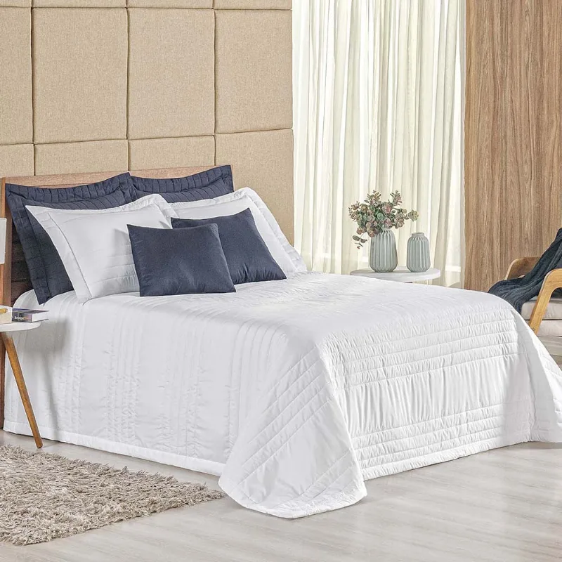 Kit Cobre Leito Colcha Dobby Queen 3 Peças Matelado 180 Fios - Branco