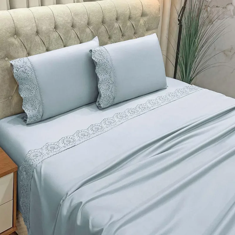 Jogo De Cama Lençol Bella Casal 4 Peças Micropercal 300 Fios Bordado Inglês Macio - Cinza