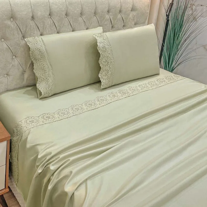 Jogo de Cama Lençol Bella King 4 Peças MicroPercal 300 Fios Bordado Inglês Macio - Bege
