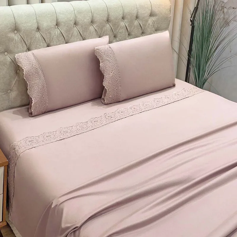 Jogo de Cama Lençol Bella King 4 Peças MicroPercal 300 Fios Bordado Inglês Macio - Rosê