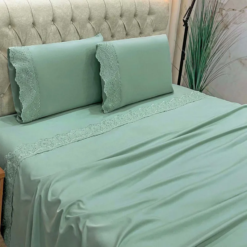 Jogo de Cama Lençol Bella King 4 Peças MicroPercal 300 Fios Bordado Inglês Macio - Verde
