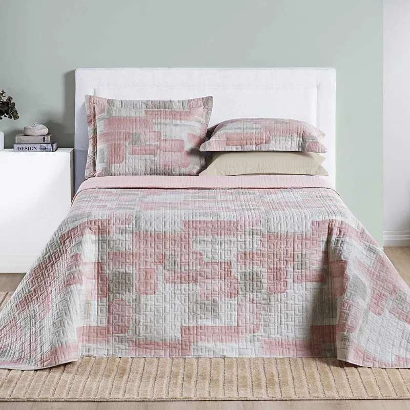 Kit Cobre Leito Colcha Maggy Queen 3 Peças Dupla Face Percale 200 Fios - Quadri Rosa