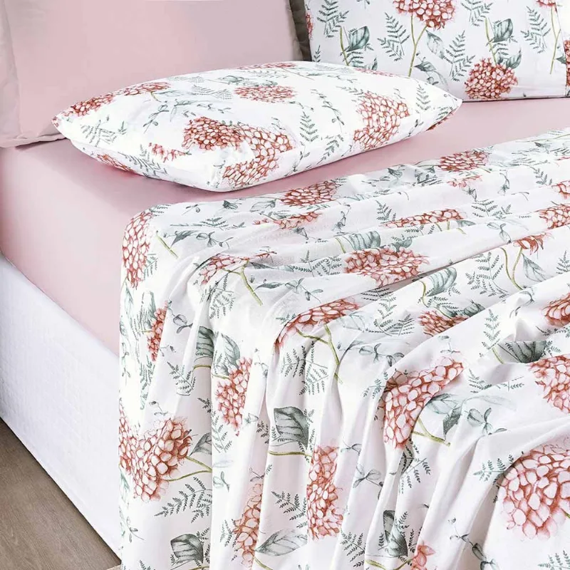 Jogo de Cama Lençol Maggy Casal 4 Peças Percale 200 Fios Estampado - Hortencia Floral Rosa
