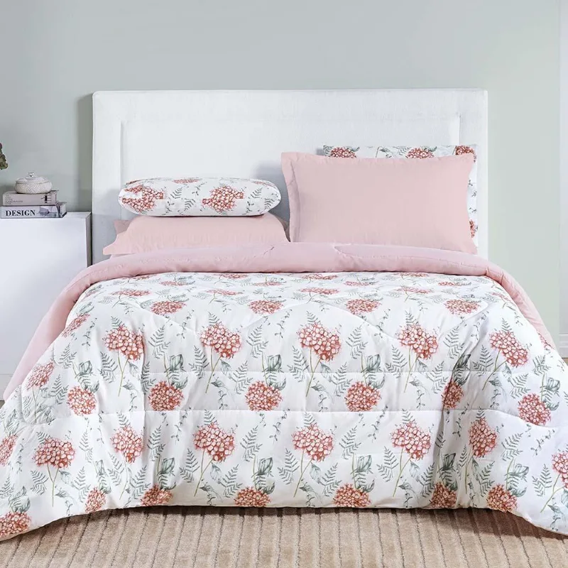 Edredom Maggy Dupla Face Queen 1 Peça Percale 200 Fios Estampado - Hortencia Floral Rosa