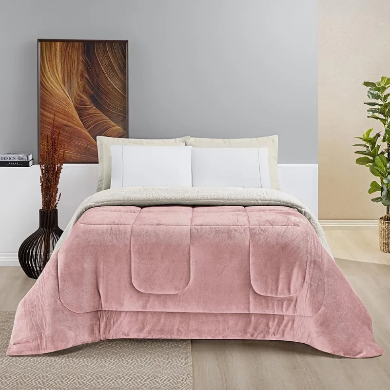 Coberdrom Diamond Casal Queen Sherpa Com Manta Flannel 01 Peça - Rosa