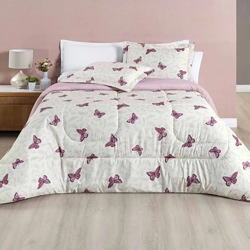 Edredom Júlia Casal Queen 03 Peças Tecido Dupla Face Microfibra 200 Fios Floral - Borboleta
