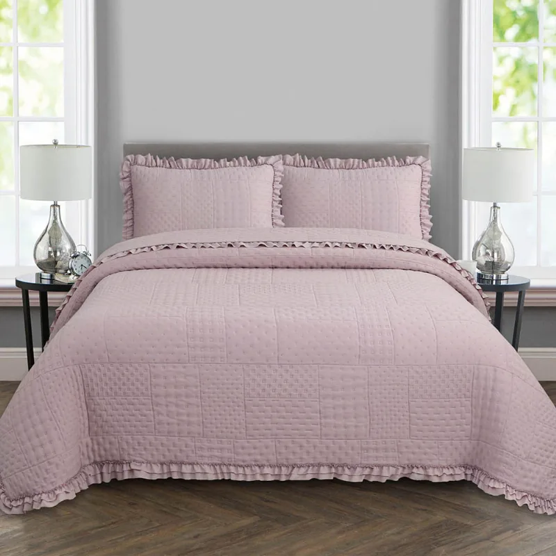 Kit Cobre Leito Colcha Allegra Queen 3 Peças Percal 300 Fios C/ Babado - Rose