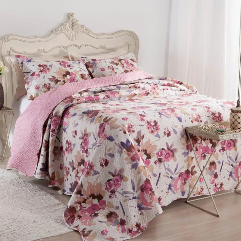 Kit Cobre Leito Colcha Daily Queen 3 Peças Dupla Face Estampado Floral - Floral 4