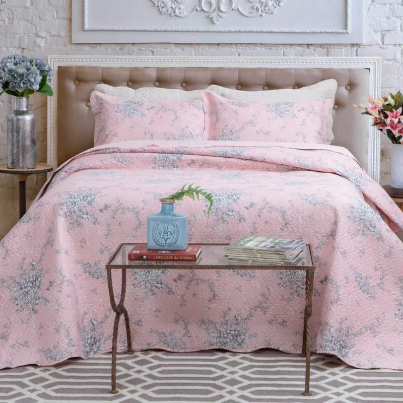 Kit Cobre Leito Colcha Daily Casal 3 Peças Dupla Face Estampado Floral - Floral 3 Rosa