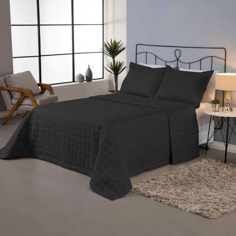 Kit Cobre Leito Colcha Dual Casal 3 Peças Matelado Dupla Face Liso - Preto